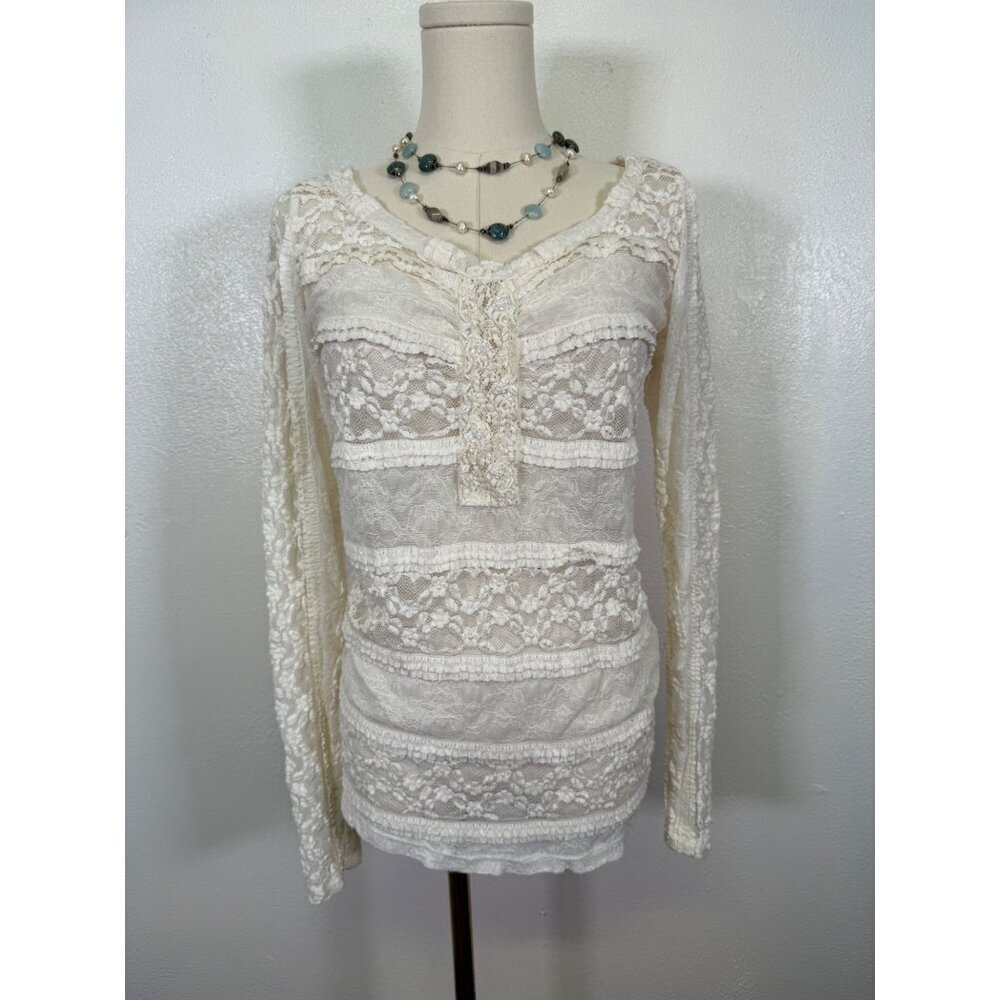Daytrip Vintage Y2K Size Large White Lace Whimsical Fairy Top Sheer Beaded Chic